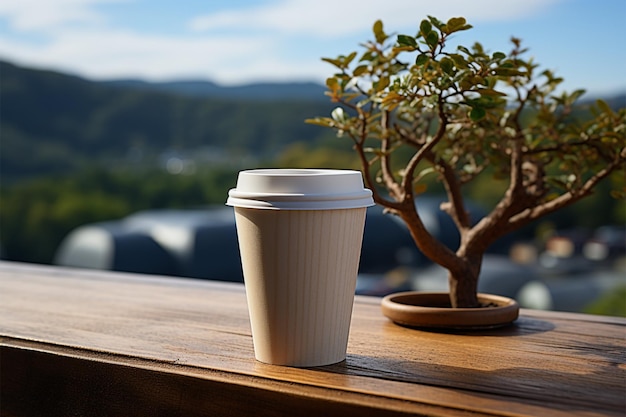 自然のテーブル紙のコーヒーカップ 外の風景の中で 幸福なシンプルさ