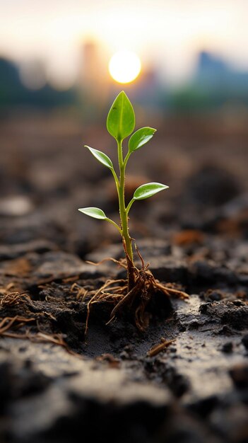 Photo nature's tenacity a weed sprout breaks through dry ground during rainfall vertical mobile wallpaper