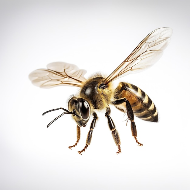 Nature's Tiny Aviator A Bee Captured on a White Background Generative Ai