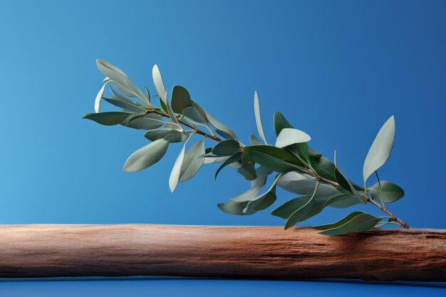 Nature's tranquil contrast a felled tree and fresh eucalyptus embrace on a pristine blue canvas