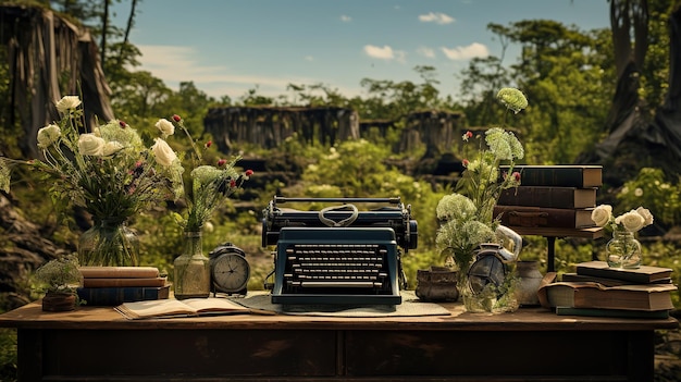 Фото Природная пишущая машина винтажная пишущая машина, установленная среди лесного офиса