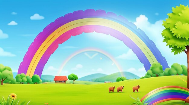 Nature scene background with rainbow in the sky landscape cartoon view