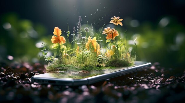 Photo nature scene in smartphone technology close up