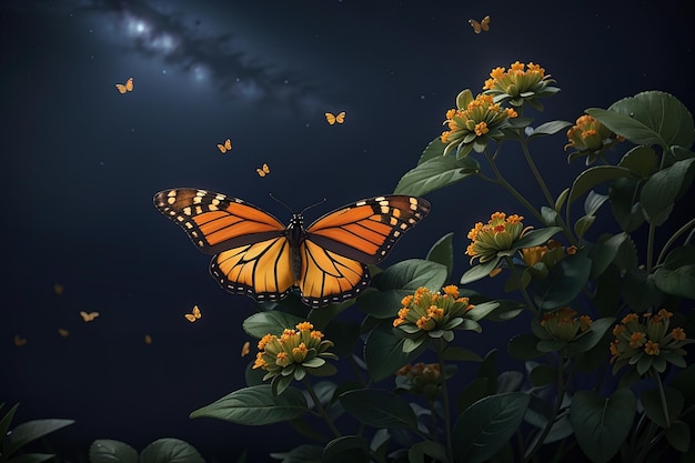 Nature scene with monarch butterflies at night