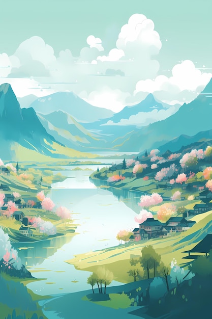 nature scene with river and hills forest and mountain small village Generative ai