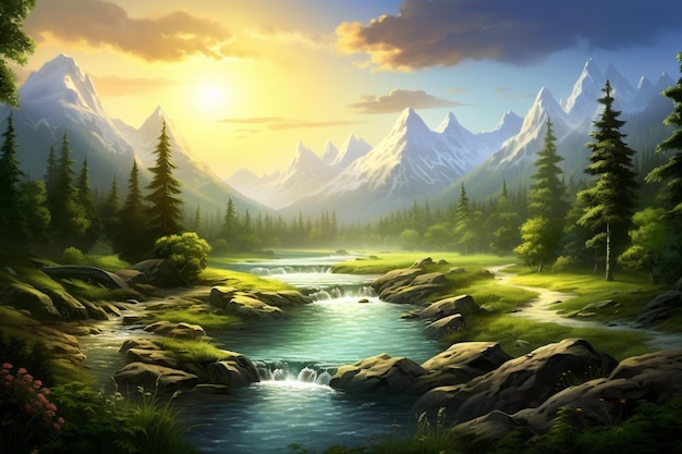 Nature scene with river and hills