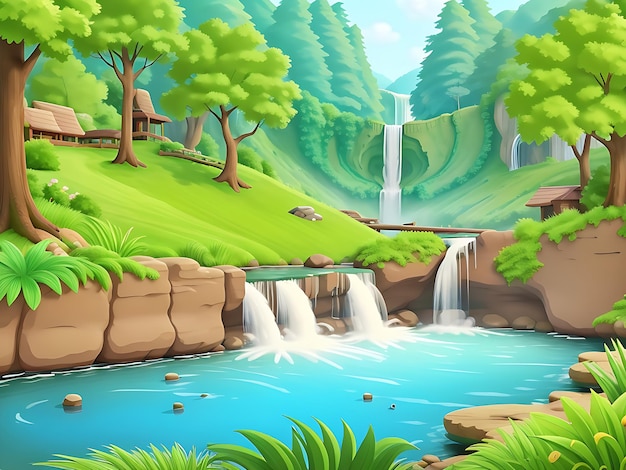 滝と森のベクトル図を流れる小川のある自然のシーン