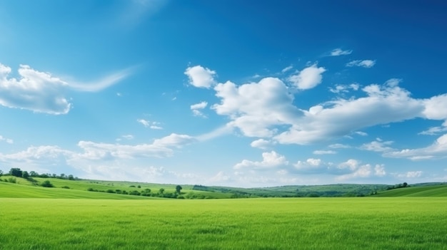 Nature scenic of green grass field and blue sky with white clouds clear sky background Generate AI