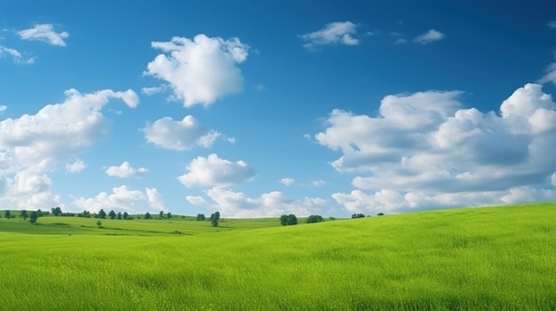 Nature scenic of green grass field and blue sky with white clouds clear sky background Generate AI