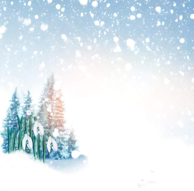 春の初めに森の外で雪の中で成長する雪花