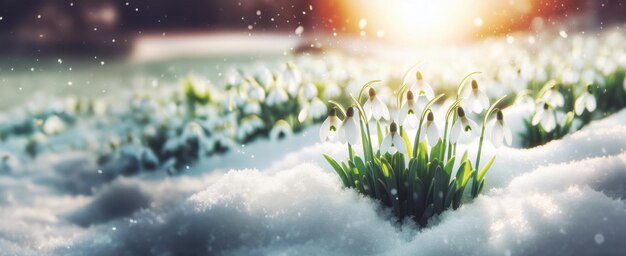 Nature snowdrop flower growing in snow in early spring forest