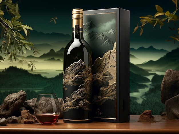 Photo nature splendor a wine bottle and glass with scenic mountain background ai generatedd