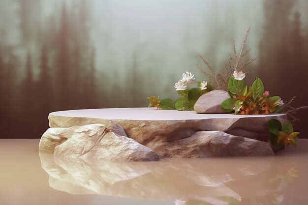 Nature stone podium in water with daisies on it Generative ai