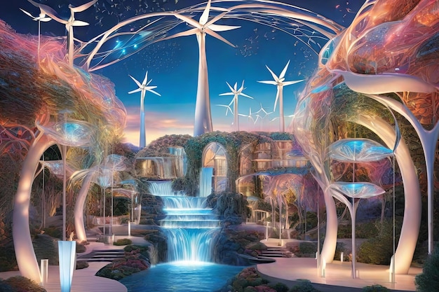 Nature and technology harmonize in this bio architectural marvel a surreal garden in the sky