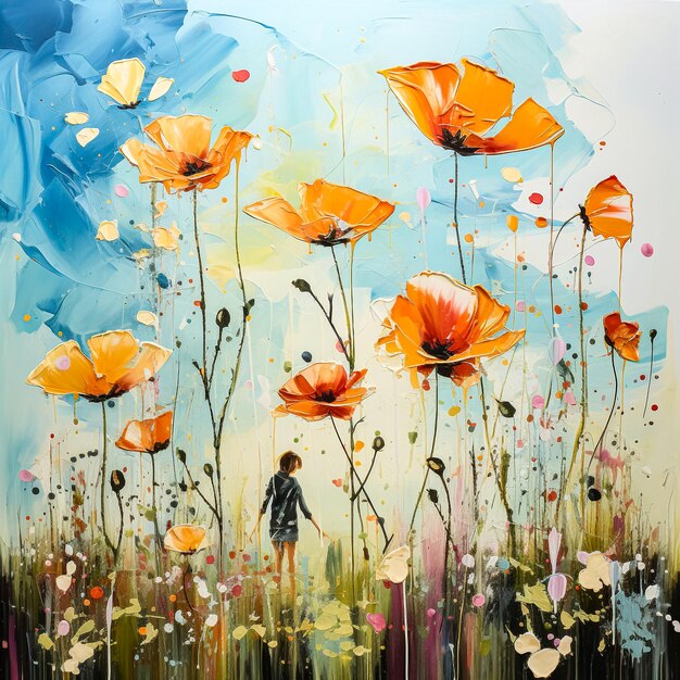 Nature themed aqua painting featuring a field of colorful wildflowers