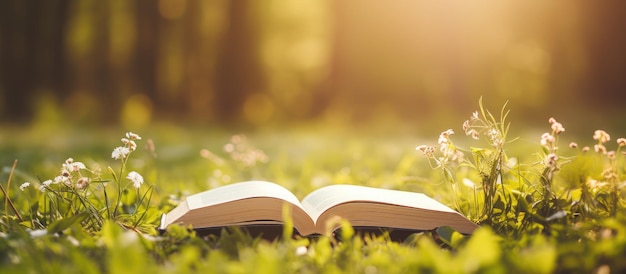 Photo nature themed books set against a sunny background mystical ambiance