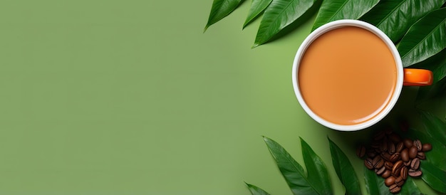 Nature themed coffee cup with leaves arranged in a flat lay