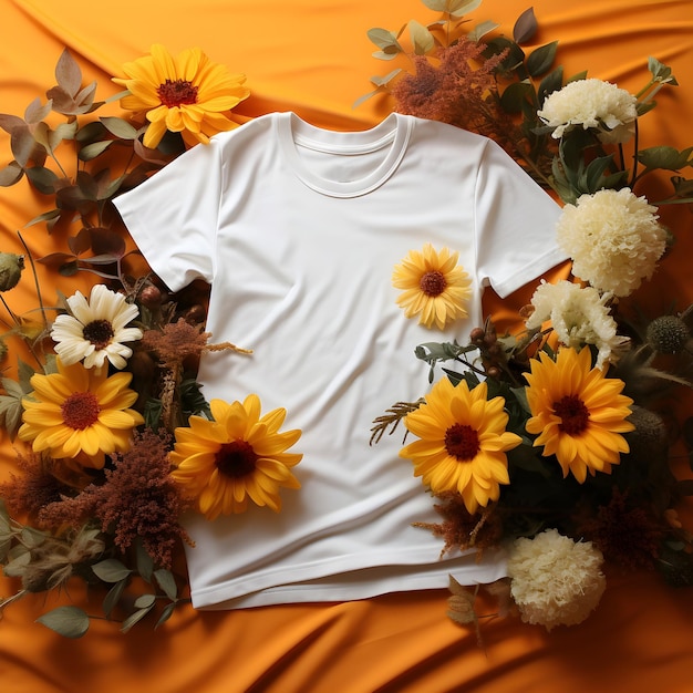 Nature Themed White Tshirt Mockup Flower and Leaf Embellishments