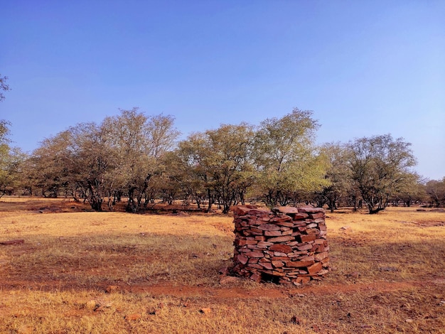 Nature theories- stack of stone on field against clear sky