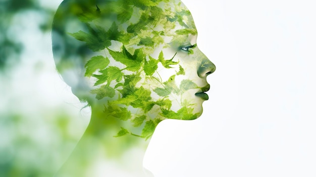 자연 나무 진 잎은 젊은 매력적인 여성 정신 건강 개념 AI Generative의 아름다움과 결합합니다.