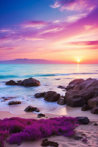 Nature in twilight period which including of sunrise over the sea and the nice beach summer beach with blue water and purple sky at the sunset