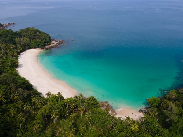 Nature view of Beautiful landscape Beach sea summer day in sunny Aerial view of drone white beach