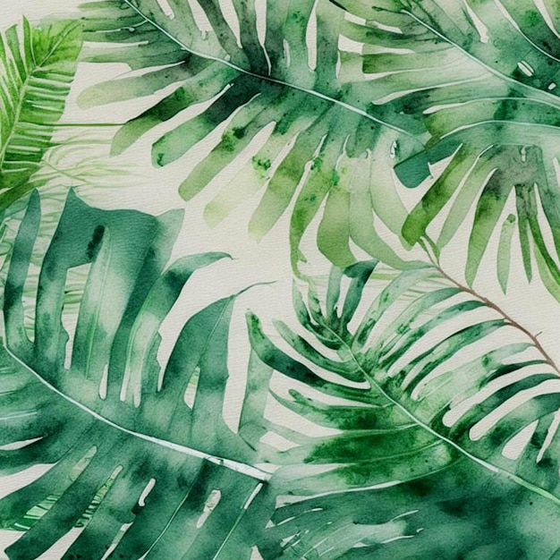 Nature view of green tropical plants leaves background nature concept in watercolor style