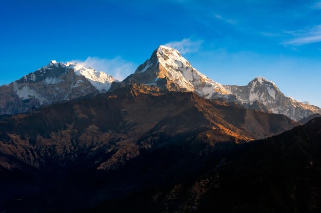 Nature view of Himalayan mountain range at Poon hill view pointNepal Poon hill is the famous view point in Gorepani village to see beautiful sunrise over Annapurna mountain range in Nepal