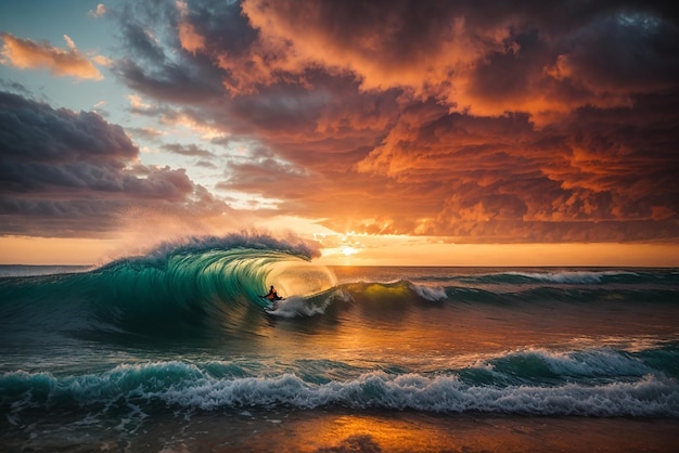 自然の波が夕焼け雲と空と出会う