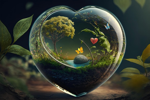 Nature with a green forest inside a transparent heart Concept of environmental protection for Earth Day