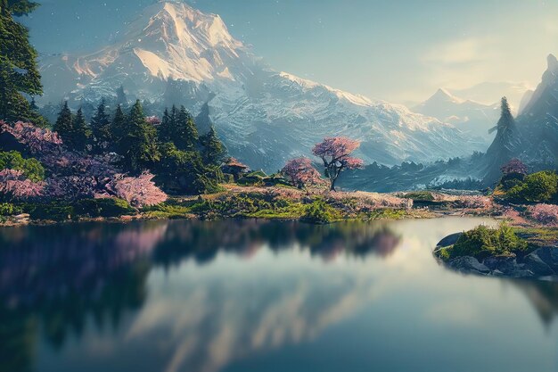 Nature with a mountain lake with green bushes and trees and mountains on the horizon under a blue sky 3d illustration