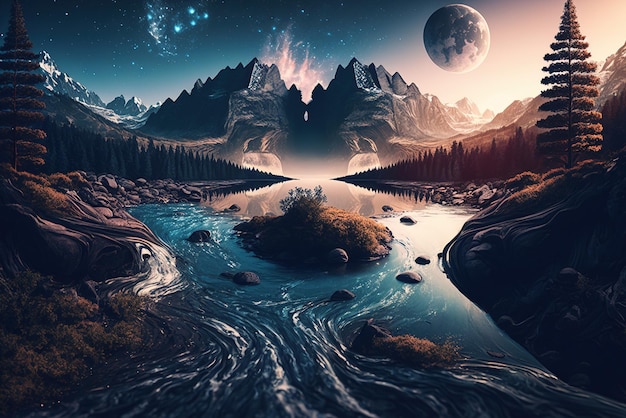 Photo nature with trees, mountains, and a flowing river, the galaxies in the background