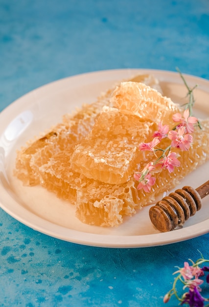 Nature wooden honey dipper and honeycombs on background of wooden