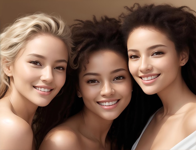 서로 다른 유형의 피부를 가진 여성의 자연 젊은 아름다움 다민족 그룹