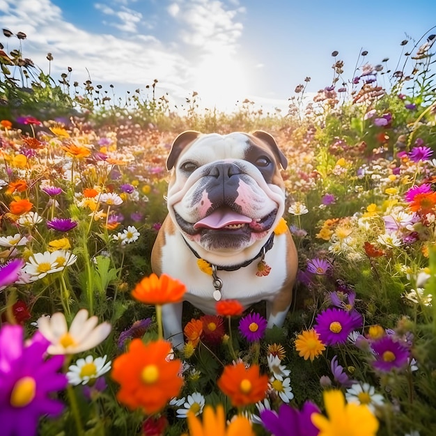 Nature039s beauty lovely bulldog embraced by colorful flowers