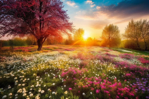 Nature39s Canvas Adembenemend lentelandschap met een veelvoud aan bloeiende bloemen