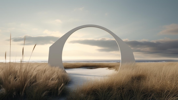 Photo natureinspired 3d arch installation on sand dutch landscape meets pristine geometry