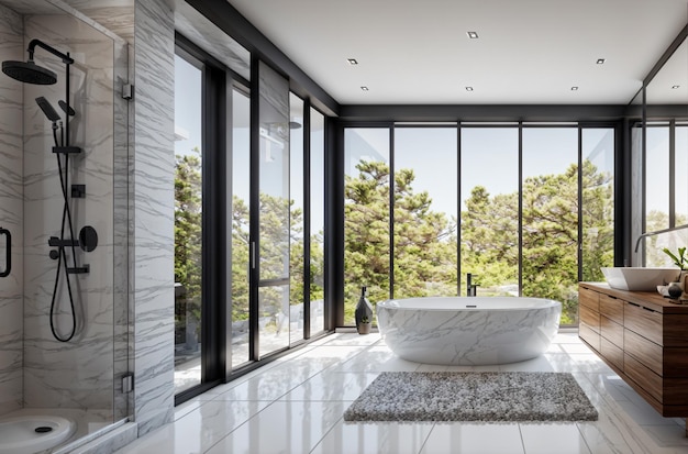 NatureInspired Luxury Modern Bathroom Oasis with Forest Views