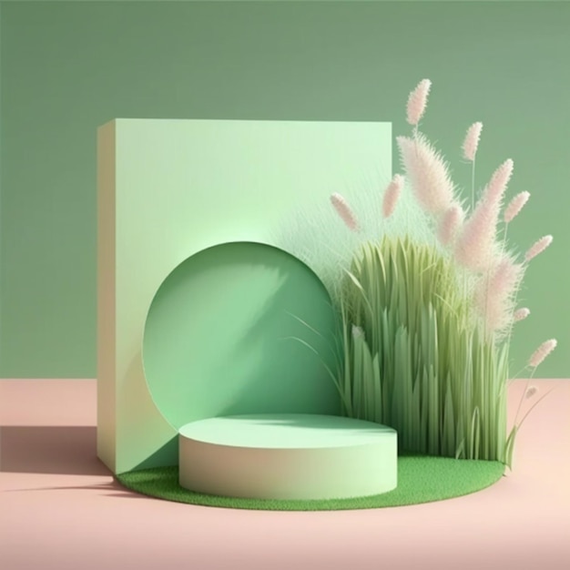 NatureInspired Minimal Podium A Mock up for Cosmetic Product Presentation on Pastel Green Background with Green Grass in spring and summer Generative AI