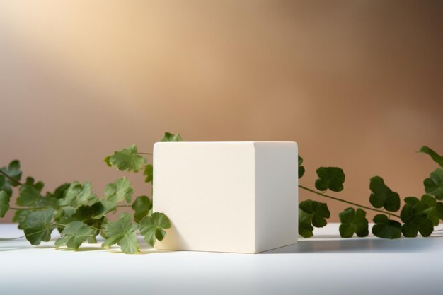 Photo natureinspired podium beauty empty white gypsum cube enhanced with eco leaves horizontal mockup