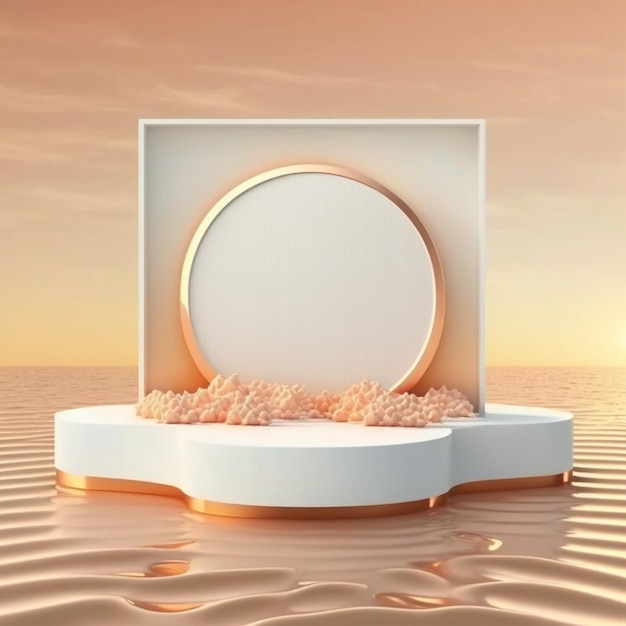 Natureinspired podium display on ocean sunset with pastel orange frame A summer beauty product promotion mock up Generative AI