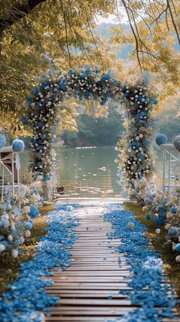 Natures altaar lente bruiloft aan het meer blauw en wit verticaal mobiel behang