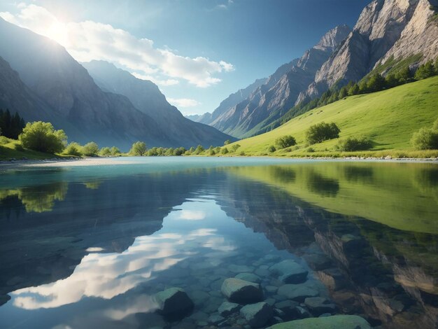 Красота природы, отраженная в спокойных горных водах, порождающая искусственный интеллект