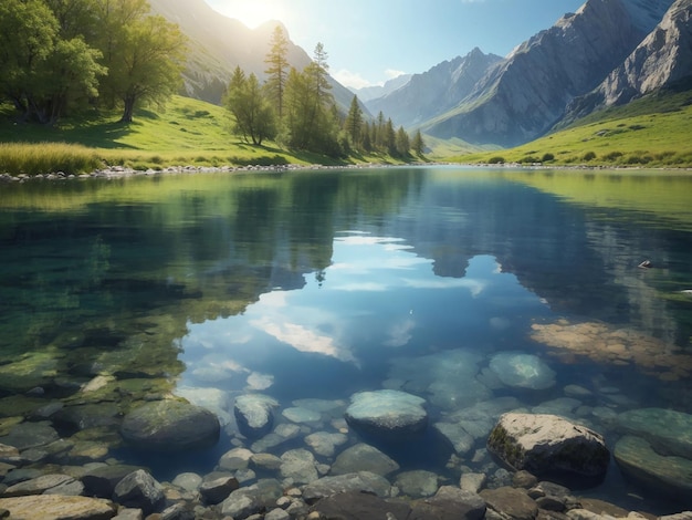 静かな山の水に映る自然の美しさの生成 AI