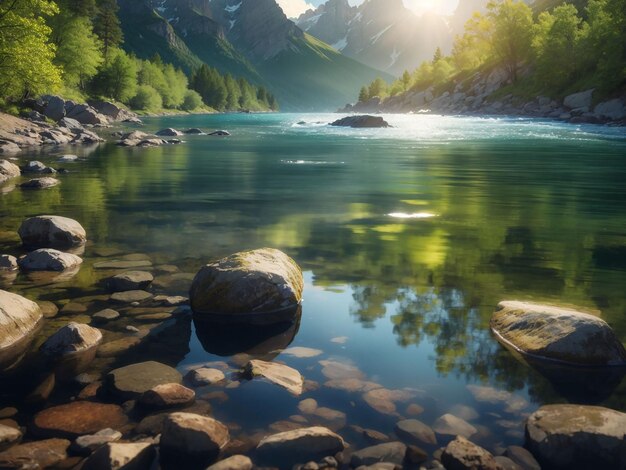 静かな山の水に映る自然の美しさの生成 AI