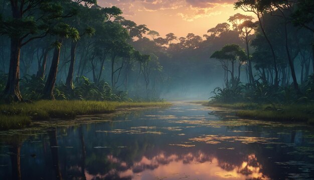 자연의 아름다움 깊은 숲을 가로질러 흐르는 강의 멋진 전망 안개 습지로 둘러싸인 빛나는 해가 지는 하늘 아래 생성 AI
