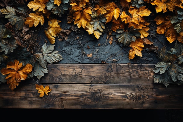 Natures canvas Antique wood table embraced by yellow orange leaves frame autumns art