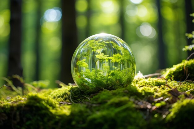 Natures Celebration Earth Day Green Globe Amidst Serene Forest Moss and Subtle Sunlight