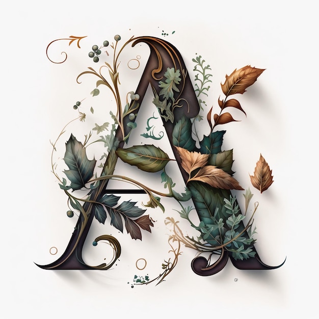 Photo natures detailed letter a with vine branches and leaves created with generative ai