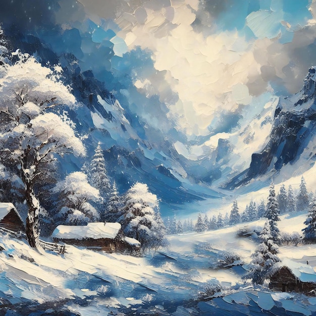 평화로운 캔버스 그림을 통해 눈  ⁇ 인 에스카페드와 함께 자연의 축제 예술 겨울의 이상한 나라